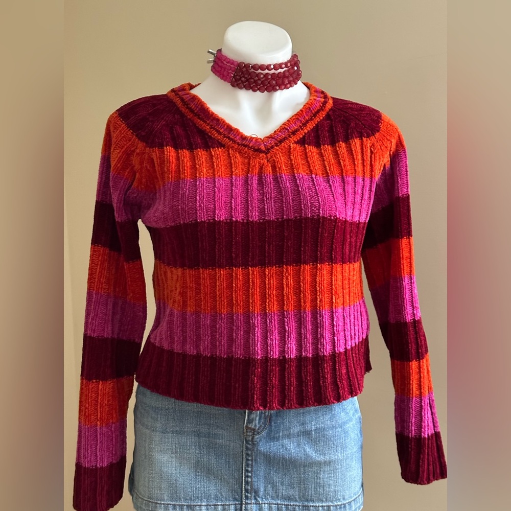 EnergieSweater Stripes Bright Red,Pink, & Orange V Neck SZ M Great Cond
